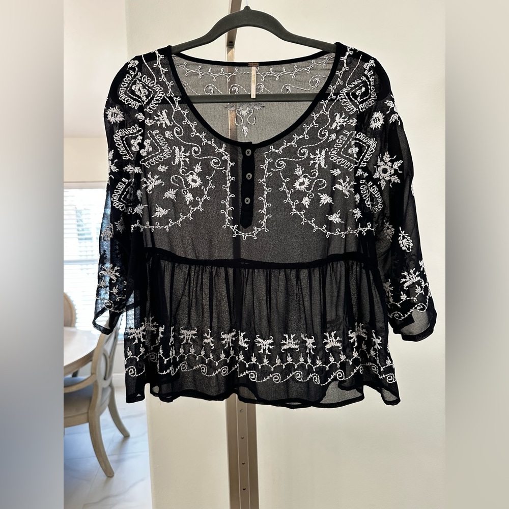 Free People Black Sheer Chiffon Blouse with White Embroidery - Picture 7 of 12